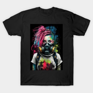 Punk Girl Wearing Gas Mask | Post-apocalyptic | Anarchist Streetwear | Punk Fashion | Colorful Punk Artwork | Tattoos and Piercings | Paint Splash T-Shirt